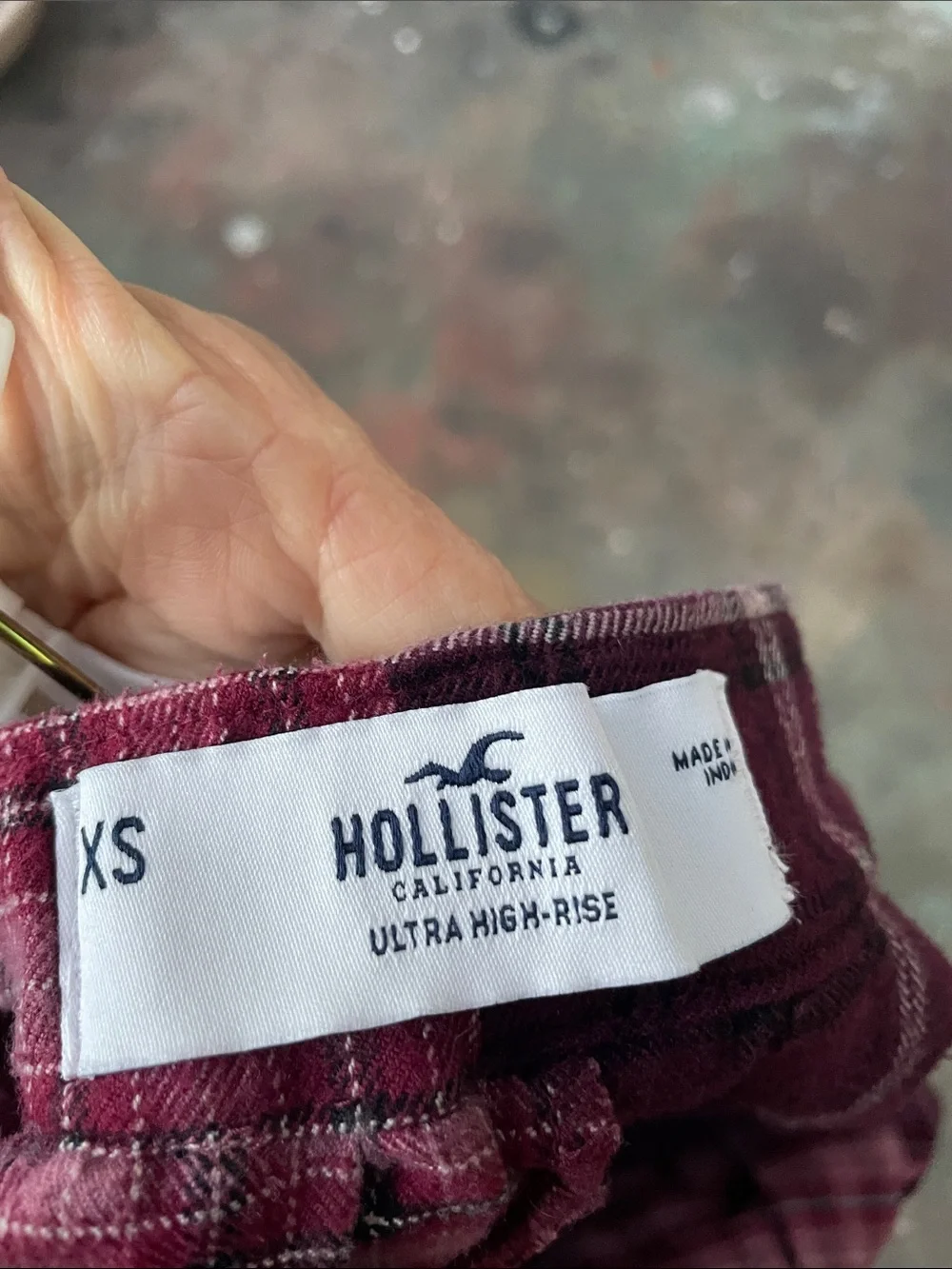 Hollister burgundy, black and white patchwork plaid skirt